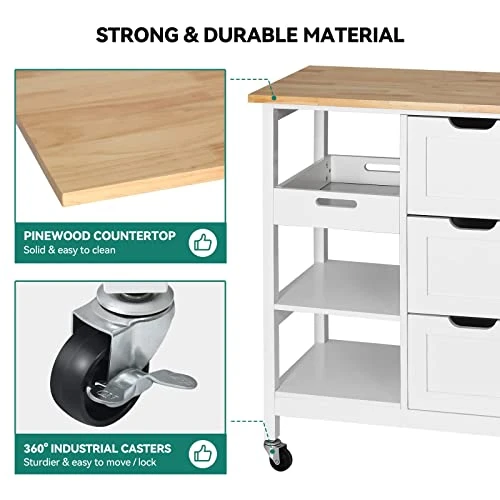 YITAHOME Kitchen Island Cart With Storage, Kitchen Cart For Home, Rolling Serving Utility Trolley Cart On Wheel With 3 Drawers And 3 Storage Shelves, Kitchen Serving Cart For Dining Room, Bar, White 6 YITAHOME Kitchen Island Cart With Storage, Kitchen Cart For Home, Rolling Serving Utility Trolley Cart On Wheel With 3 Drawers And 3 Storage Shelves, Kitchen Serving Cart For Dining Room, Bar, White - Image 4