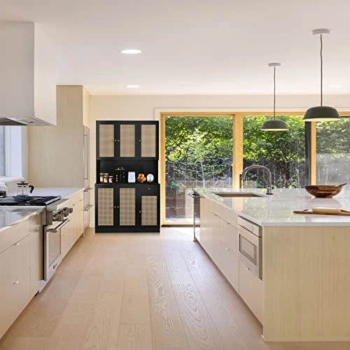 Wirrtory 71” Rattan Freestanding Kitchen Pantry Storage Cabinet, Buffet Cupboards Sideboard Modern Hutch Cabinet with 6 Doors & Drawer For Kitchen Living Room (Black) 9 Wirrtory 71” Rattan Freestanding Kitchen Pantry Storage Cabinet, Buffet Cupboards Sideboard Modern Hutch Cabinet with 6 Doors & Drawer For Kitchen Living Room (Black) - Image 7