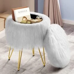 GREENSTELL Vanity Stool Chair Faux Fur With Storage, 15.75”W X 19.29’’H Round Soft Ottoman With 4 Metal Legs, Furry Padded Seat, Modern Multifunctional Makeup Stool For Bedroom Living Room, White -Amazon Store 41X7mn6hlBL. AC