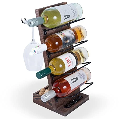 Rustic State Rueda Tabletop Wine Rack For 4 Bottles With 2 Stemware Glass Holder And Cork Storage Countertop Tray Freestanding Bar Organizer, Walnut 3 Rustic State Rueda Tabletop Wine Rack For 4 Bottles With 2 Stemware Glass Holder And Cork Storage Countertop Tray Freestanding Bar Organizer, Walnut