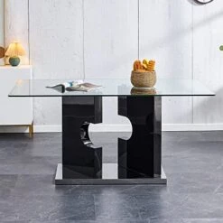 Pvillez Contemporary Glass Dining Table For 6, 63" Tempered Glass Top Dining Table W/High Gloss Wood Frame, Stainless Steel Pedestal Base, Rectangular Glass Dinner Kitchen Table For Dining Room Black