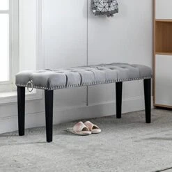 HEAH-YO Modern Velvet Bench Upholstered Ottoman Dining Bench With Pull Rings Nailhead Trim Tufted Footstool For Entryway Bedroom Kitchen Dining Table, Grey -Amazon Store 41XaJtDlQWL