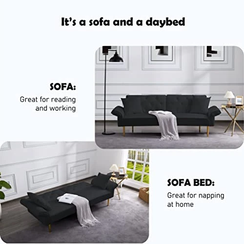 Lepfun Velvet Futon Sofa Bed, Memory Foam Couch Set, Upholstered Modern Daybed Convertible Folding Loveseat Recliner With Pillows And Wooden Frame For Compact Living Room, Apartment,Dorm,Office(Black) 6 Lepfun Velvet Futon Sofa Bed, Memory Foam Couch Set, Upholstered Modern Daybed Convertible Folding Loveseat Recliner With Pillows And Wooden Frame For Compact Living Room, Apartment,Dorm,Office(Black) - Image 4