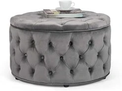 Homebeez Round Velvet Storage Ottoman, Button Tufted Footrest Stool Coffee Table For Living Room (Grey) -Amazon Store 41XjFTWJkVL. AC
