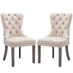 KCC Velvet Dining Chairs Set Of 2, Upholstered High-end Tufted Dining Room Chair With Nailhead Back Ring Pull Trim Solid Wood Legs, Contemporary Nikki Collection Modern Style For Kitchen, Beige