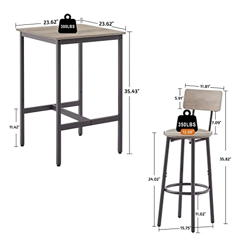 WIIS' IDEA 3-Piece Small Bar Dining Table Set For 2, Square Kitchen Table & 2 Barstools Chairs With PU Soft Seat And Backrest For Breakfast Nook, Small Space, Apartment, Grey 4 WIIS' IDEA 3-Piece Small Bar Dining Table Set For 2, Square Kitchen Table & 2 Barstools Chairs With PU Soft Seat And Backrest For Breakfast Nook, Small Space, Apartment, Grey - Image 2