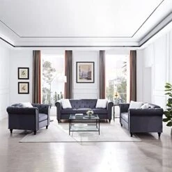 3-Piece Velvet Upholstered Living Room Furniture Set, Including 3-Seater Sofa, Loveseat And Single Sofa Chair With Button And Copper Nail On Arms And Back, Five White Villose Pillows Included, Blue -Amazon Store 41XqwBUF oL. AC