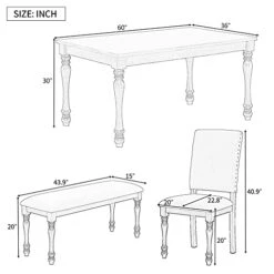 Merax 6-Piece Wood Rectangular Table Set With Turned Legs, 4 Upholstered Chairs And Bench For Dining Room, Grey+Beige_6pcs -Amazon Store 41XsWrKVAKL