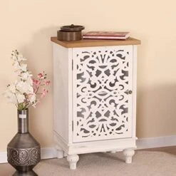 MFSTUDIO Accent Tall Wood Storage Cabinet Buffet Sideboard Hollow-Carved Floral 2 Doors Distressed Decorative For Living Room Kitchen Stand Entryway Hallway, 13.8" Dx31.5 Wx47.4 H, Blue -Amazon Store 41Y8piypLWL. AC