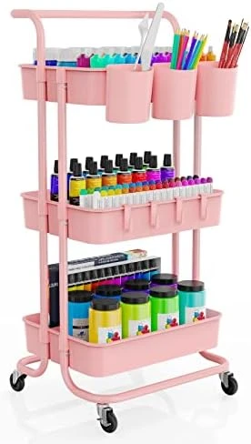 LEHOM 3-Tier Rolling Utility Cart With Hanging Cups & Hooks & Handle, Multifunctional Art Cart Organizer Storage With Wheels, Easy Assembly For Office, Bedroom, Kitchen, Bathroom, Laundry (White) 11 LEHOM 3-Tier Rolling Utility Cart With Hanging Cups & Hooks & Handle, Multifunctional Art Cart Organizer Storage With Wheels, Easy Assembly For Office, Bedroom, Kitchen, Bathroom, Laundry (White) - Image 9