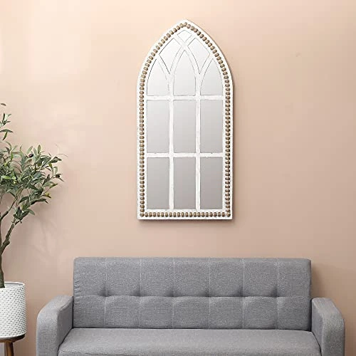 LuxenHöme Rustic Wood Cathedral Wall Mirror, Window Pane Wall Decor, Large Farmhouse Wall Decorations For Living Room Bedroom, 39 Inch, White/Wood 4 LuxenHöme Rustic Wood Cathedral Wall Mirror, Window Pane Wall Decor, Large Farmhouse Wall Decorations For Living Room Bedroom, 39 Inch, White/Wood - Image 2