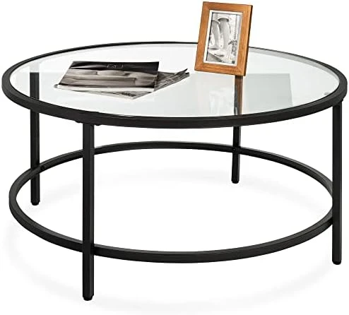 Best Choice Products 36in Modern Round Tempered Glass Accent Side Coffee Table For Living Room, Dining Room, Tea, Home Décor W/Metal Frame, Non-Marring Foot Caps - Black 7 Best Choice Products 36in Modern Round Tempered Glass Accent Side Coffee Table For Living Room, Dining Room, Tea, Home Décor W/Metal Frame, Non-Marring Foot Caps - Black - Image 5