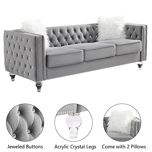 Mikibama Velvet Loveseat Sofa Couch Set For Living Room, Modern Decor Furniture Tufted Sofa Set With Nailhead Acrylic Legs And 2 Pillows For Bedroom, Hall(Grey) 5 Mikibama Velvet Loveseat Sofa Couch Set For Living Room, Modern Decor Furniture Tufted Sofa Set With Nailhead Acrylic Legs And 2 Pillows For Bedroom, Hall(Grey) - Image 3