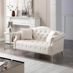 Homtique Sofa Set For Living Room 2 Piece, Modern Velvet Loveseat Sofa Set Upholstered Button Tufted Nailhead Trimming Rolled Arm And Metal Legs, Velvet Sofa Couch With 4 Pillows For Home (Beige) -Amazon Store 41YhrkBlCLL. AC