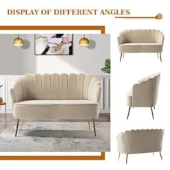 HULALA HOME Velvet Loveseat Sofa With Flower Shaped Back, Modern 2-Seater Sofa For Living Room Bedroom, Comfy Upholstered Small Love Seat Couch With Gold Legs, Tan -Amazon Store 41YowPMK71L