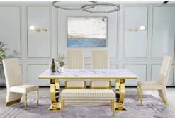 Anewsun 5 Pieces Black Gold Dining Table Set, Black Texture Top Dining Room Table With 4 White Leather Upholstered Chairs, 72" Rectangular Dining Table Set For 4 -Amazon Store 41Yp1MRT0IL. AC