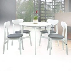 SK New Interiors Dining Room Set Of 4 Yumiko Chairs And Round Dining Table Kitchen Modern Solid Wood W/Padded Seat, White Color With Light Gray Cushion
