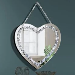 DMDFIRST Crystal Crush Diamond Heart Shaped Silver Mirror With Silver Stainless Steel Chain For Wall Decoration 12x12x0.5 Inch Wall Hang Frameless Mirror Glass Diamond Decor Glam Mirror