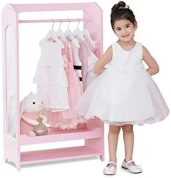 Teamson Kids - Windsor Wooden Dress Up Storage Kids Costume Organizer Center Open Hanging Armoire Closet Unit Furniture With Hooks And Mirror - Pink -Amazon Store 41ZEVySmjeL. AC