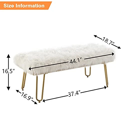 Modern White Faux Fur Ottoman Bench Upholstered Bench For Bedroom/Living Room/Entryway Decorative Accent Bench With Gold Metal Legs 4 Modern White Faux Fur Ottoman Bench Upholstered Bench For Bedroom/Living Room/Entryway Decorative Accent Bench With Gold Metal Legs - Image 2
