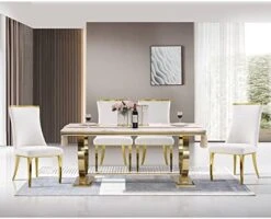 Anewsun 5 Pieces Black Gold Dining Table Set, Black Texture Top Dining Room Table With 4 White Leather Upholstered Chairs, 72" Rectangular Dining Table Set For 4 -Amazon Store 41ZGwHjfAL. AC