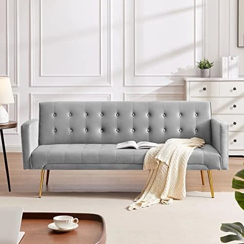 72"Modern Velvet Sofa Bed Futon,Convertible Folding Sleeper Bed Couches With 3 Adjustable Backrests,Tufted Recliner Love Seat With Golden Chrome Legs For Living Room Apartment Home Office (Beige) 9 72"Modern Velvet Sofa Bed Futon,Convertible Folding Sleeper Bed Couches With 3 Adjustable Backrests,Tufted Recliner Love Seat With Golden Chrome Legs For Living Room Apartment Home Office (Beige) - Image 7