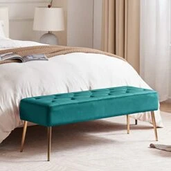 Duhome Modern Velvet Bench Ottoman, Upholstered Bedroom Benches Footrest Stool Button-Tufted Table Bench Dining Bench With Gold Metal Base For Entryway Dining Room Living Room Bedroom, Atrovirens