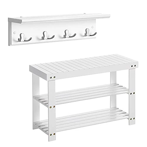 SONGMICS Shoe Bench Bundle With Coat Rack, 3-Tier Bamboo Shoe Rack, Wall Mounted Coat Rack, Wall Shelf With Hooks, For Entryway Closet Guest Room, White ULBS004W01 And ULHR42WT 3 SONGMICS Shoe Bench Bundle With Coat Rack, 3-Tier Bamboo Shoe Rack, Wall Mounted Coat Rack, Wall Shelf With Hooks, For Entryway Closet Guest Room, White ULBS004W01 And ULHR42WT