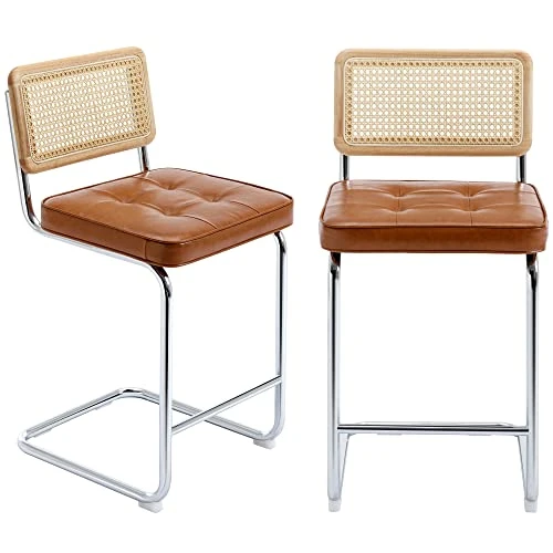 ONEVOG Island Rattan Chairs, Faux Leathe Seating Kitchen Counter Height (24 Inch) Bastool With Sturdy Frame Chrome Legs, Dining Room Home Kitchen Stools Set Of 2 (Brown) 3 ONEVOG Island Rattan Chairs, Faux Leathe Seating Kitchen Counter Height (24 Inch) Bastool With Sturdy Frame Chrome Legs, Dining Room Home Kitchen Stools Set Of 2 (Brown)