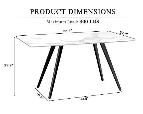 KithKasa Modern Dining Table With Sintered Stone Tabletop And Black Metal Legs For 6, 55 Inch Rectangle Kitchen Table For Dining Room Restaurants Living Room White(Table Only) 4 KithKasa Modern Dining Table With Sintered Stone Tabletop And Black Metal Legs For 6, 55 Inch Rectangle Kitchen Table For Dining Room Restaurants Living Room White(Table Only) - Image 2