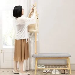 ZHFEISY Coat Rack Shoe Bench Bamboo Coat Rack With 5 Hooks Hall Tree Bench With Storage For Entryway Hallway Living Room Bedroom -Amazon Store 41ZZDkaUYsL