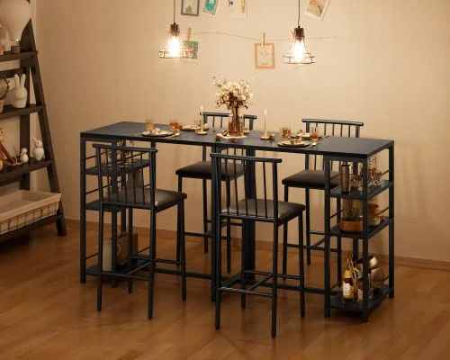 Gizoon Bar Table And Chairs Set For 2 With 3 Storage Shelves, Modern Pub Table Set With Pu Cushion Chairs & Thick Wood Top For Breakfast, 3-Piece Small Table For Kitchen - Black 6 Gizoon Bar Table And Chairs Set For 2 With 3 Storage Shelves, Modern Pub Table Set With Pu Cushion Chairs & Thick Wood Top For Breakfast, 3-Piece Small Table For Kitchen - Black - Image 4