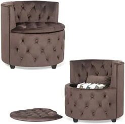 Homebeez Round Velvet Storage Ottoman, Button Tufted Footrest Stool Coffee Table For Living Room (Grey) -Amazon Store 41ZyanLDsL. AC