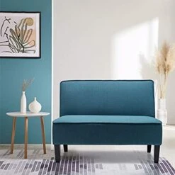 Yongqiang Small Loveseat Sofa For Living Room Bedroom Dining Room Fabric Settee Mini Couch Upholstered Armless Banquette Bench Blue -Amazon Store 41a3gLMMd4S
