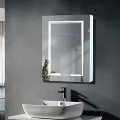 MENGK FCH 28 * 20in OZON Board, 1 Door, 2 Layers, Led Light, Anti-Fog, Three-Color Lighting, Brightness Adjustment, Power-Off Memory, With 2 Plugs, 2 USB Ports, Bathroom Wall Cabinet, Black