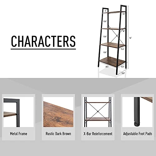 Vagowin 4 Tier Ladder Shelf, Rustic Ladder Bookshelf With Steel Frame For Living Room, Bedroom, Farmhouse, Office, Vintage Brown 5 Vagowin 4 Tier Ladder Shelf, Rustic Ladder Bookshelf With Steel Frame For Living Room, Bedroom, Farmhouse, Office, Vintage Brown - Image 3