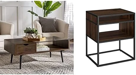 Walker Edison Montclair Mid Century Modern Two Toned 1 Drawer Coffee Table, 42 Inch, Glass And Dark Walnut & Theo Mid Century Modern 2 Door Asymmetrical Glass Shelf Buffet, 44 Inch, Dark Walnut 15 Walker Edison Montclair Mid Century Modern Two Toned 1 Drawer Coffee Table, 42 Inch, Glass And Dark Walnut & Theo Mid Century Modern 2 Door Asymmetrical Glass Shelf Buffet, 44 Inch, Dark Walnut - Image 13