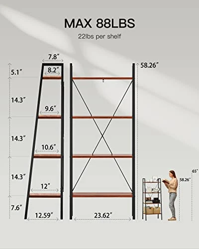 Pipishell Industrial Ladder Shelf, 4-Tier Bookshelf, Free Standing Bookcase Storage Rack Shelves Plant Flower Stand With Wood Look For Living Room, Bedroom, Kitchen, Bathroom, Home Office, Balcony 5 Pipishell Industrial Ladder Shelf, 4-Tier Bookshelf, Free Standing Bookcase Storage Rack Shelves Plant Flower Stand With Wood Look For Living Room, Bedroom, Kitchen, Bathroom, Home Office, Balcony - Image 3