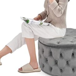 Homebeez Round Velvet Storage Ottoman, Button Tufted Footrest Stool Coffee Table For Living Room (Grey) -Amazon Store 41acjwT3SLL