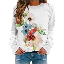 Womens Tops Dressy Casual,Long Sleeve Round Neck Fashion Floral Print Loose Top Youth Sports Jogging Soft Tops