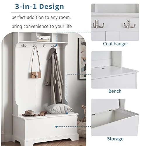 Knocbel Modern Entryway Coat Garment Rack Storage Bench, 3-in-1 Hall Tree With Top Compartments, Bottom Cabinet & 4 Hooks, 39.3" L X 18.5" W X 70.8" H (White) 4 Knocbel Modern Entryway Coat Garment Rack Storage Bench, 3-in-1 Hall Tree With Top Compartments, Bottom Cabinet & 4 Hooks, 39.3" L X 18.5" W X 70.8" H (White) - Image 2