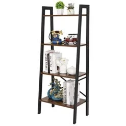Nouva 4 Tier Ladder Shelf, Industrial Bookshelf Free Standing Steel Frame Open Display Rack Shelf Wooden Shelf For Living Room Bedroom Kitchen Home Office Bathroom Garage, Rustic Brown