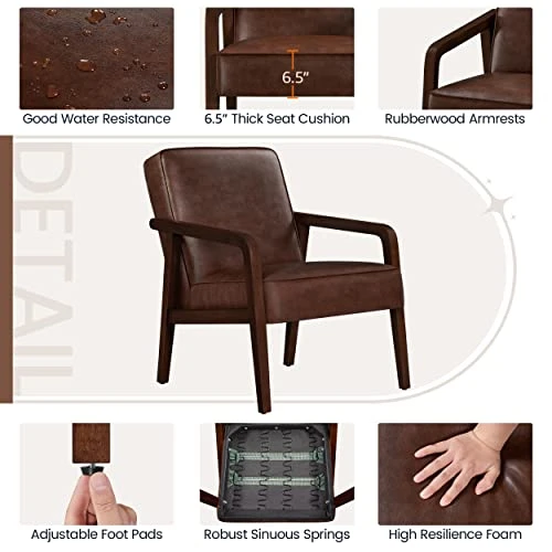Yaheetech PU Leather Accent Chair, Mid-Century Modern Barrel Chair With Wooden Frame And Soft Thick Padded For Living Room Bedroom Home Office, Set Of 2, Dark Brown 8 Yaheetech PU Leather Accent Chair, Mid-Century Modern Barrel Chair With Wooden Frame And Soft Thick Padded For Living Room Bedroom Home Office, Set Of 2, Dark Brown - Image 6
