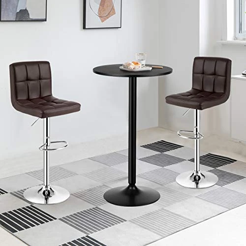 COSTWAY 3-Piece Bar Table Set, Round Cocktail Table And PU Leather Adjustable Swivel Chairs, Modern Counter Height Table Set With 2 Bar Stool For Kitchen, Office (Brown) 5 COSTWAY 3-Piece Bar Table Set, Round Cocktail Table And PU Leather Adjustable Swivel Chairs, Modern Counter Height Table Set With 2 Bar Stool For Kitchen, Office (Brown) - Image 3