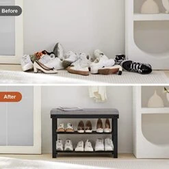 APICIZON 3-Tier Shoe Rack For Entryway, Bamboo Shoe Bench With Cushion Padded Seat, Small Shoe Organizer With Storage For Indoor Entrance Hallway Bedroom Living Room, Black -Amazon Store 41b8quqJorL