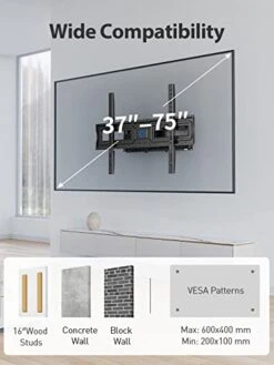 Pipishell Full Motion TV Wall Mount Bracket For 37-75 Inch LCD, QLED,OLED 4K Flat Curved TVs, Dual Arms Tilt Extension Swivel Articulating TV Mount, Max VESA 600x400mm Up To 110lbs, Fits 16” Studs 10 Pipishell Full Motion TV Wall Mount Bracket For 37-75 Inch LCD, QLED,OLED 4K Flat Curved TVs, Dual Arms Tilt Extension Swivel Articulating TV Mount, Max VESA 600x400mm Up To 110lbs, Fits 16” Studs -Amazon Store 41bDydE9n9L