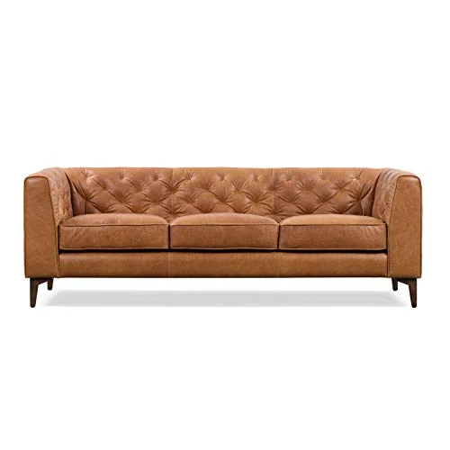 POLY & BARK Essex Leather Couch – 89-Inch Leather Sofa With Tufted Back - Full Grain Leather Couch With Feather-Down Topper On Seating Surfaces – Vintage Pure-Aniline Italian Leather – Cognac Tan 6 POLY & BARK Essex Leather Couch – 89-Inch Leather Sofa With Tufted Back - Full Grain Leather Couch With Feather-Down Topper On Seating Surfaces – Vintage Pure-Aniline Italian Leather – Cognac Tan - Image 4