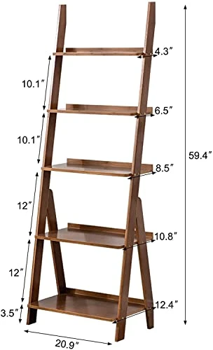 5 Tiers Bamboo Ladder Shelf Modern Bookshelf Leaning Wall Shelves Open Tall Wall Mount Bookcase Standing Storage Rack Shelves For Living Room, Bathroom, Kitchen, Office(21"L*12.5"W*60"H) (Brown) 4 5 Tiers Bamboo Ladder Shelf Modern Bookshelf Leaning Wall Shelves Open Tall Wall Mount Bookcase Standing Storage Rack Shelves For Living Room, Bathroom, Kitchen, Office(21"L*12.5"W*60"H) (Brown) - Image 2