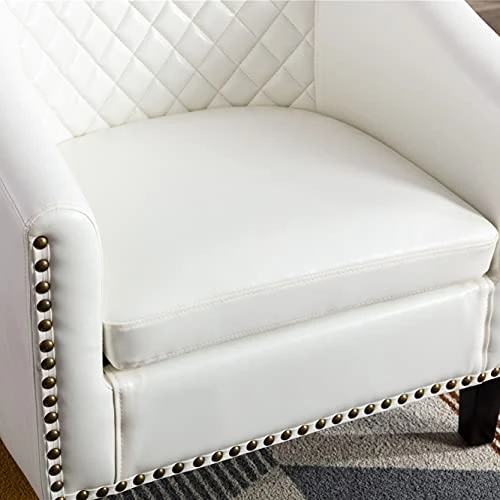 SSLine Modern White Leather Upholstered Accent Arm Chair Soft Barrel Club Chairs For Living Room Comfy Single Sofa Office Guest Chatting Chair With Solid Wood Legs And Nailhead For Bedroom (White) 4 SSLine Modern White Leather Upholstered Accent Arm Chair Soft Barrel Club Chairs For Living Room Comfy Single Sofa Office Guest Chatting Chair With Solid Wood Legs And Nailhead For Bedroom (White) - Image 2