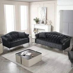 Homtique Sofa Set For Living Room 2 Piece, Modern Velvet Loveseat Sofa Set Upholstered Button Tufted Nailhead Trimming Rolled Arm And Metal Legs, Velvet Sofa Couch With 4 Pillows For Home (Beige) -Amazon Store 41bZzmIYEqL. AC